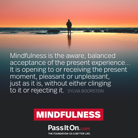 Mindfulness is the aware, balanced acceptance of the present experience... It is opening to or receiving the present moment, pleasant or unpleasant, just as it is, without either clinging to it or rejecting it. #<Author:0x00007fea8eac6f40>