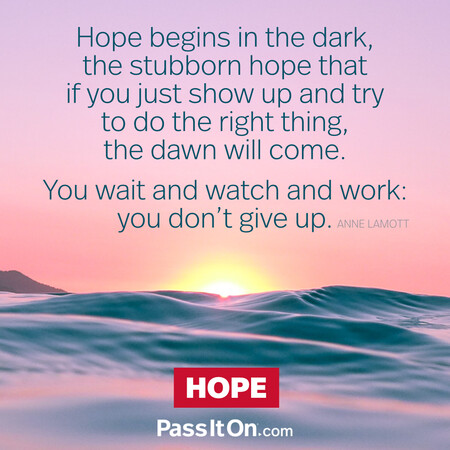Hope begins in the dark, the stubborn hope that if you just show up and try to do the right thing, the dawn will come. You wait and watch and work: you don't give up. #<Author:0x00007f58c5ab67e0>