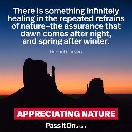 There is something infinitely healing in the repeated refrains of nature – the assurance that dawn comes after night, and spring after winter. #<Author:0x00007f2b21b6d200>