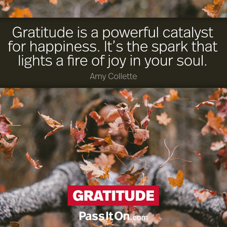 Gratitude is a powerful catalyst for happiness. It’s the spark that lights a fire of joy in your soul.  #<Author:0x00007f1ae92d1058>